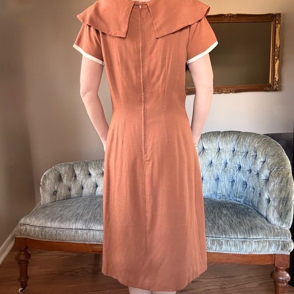 1940s brown linen a line midi dress decorative button front vintage medium - Picture 7 of 13